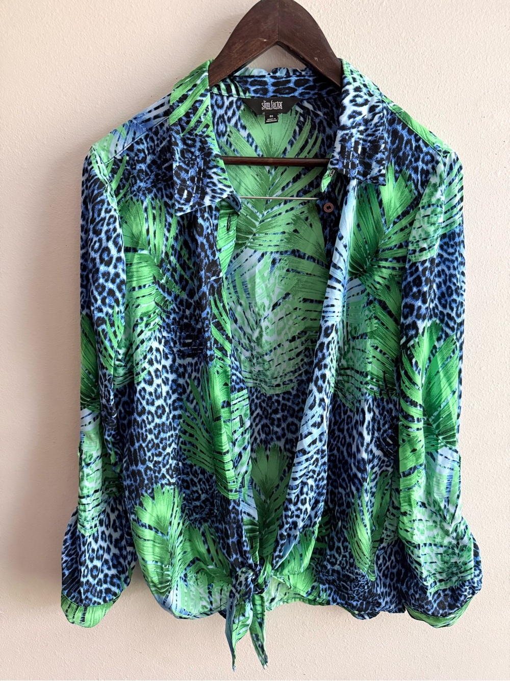 Investments Blue & Green Tropical Leopard Tie-Front Button-Down